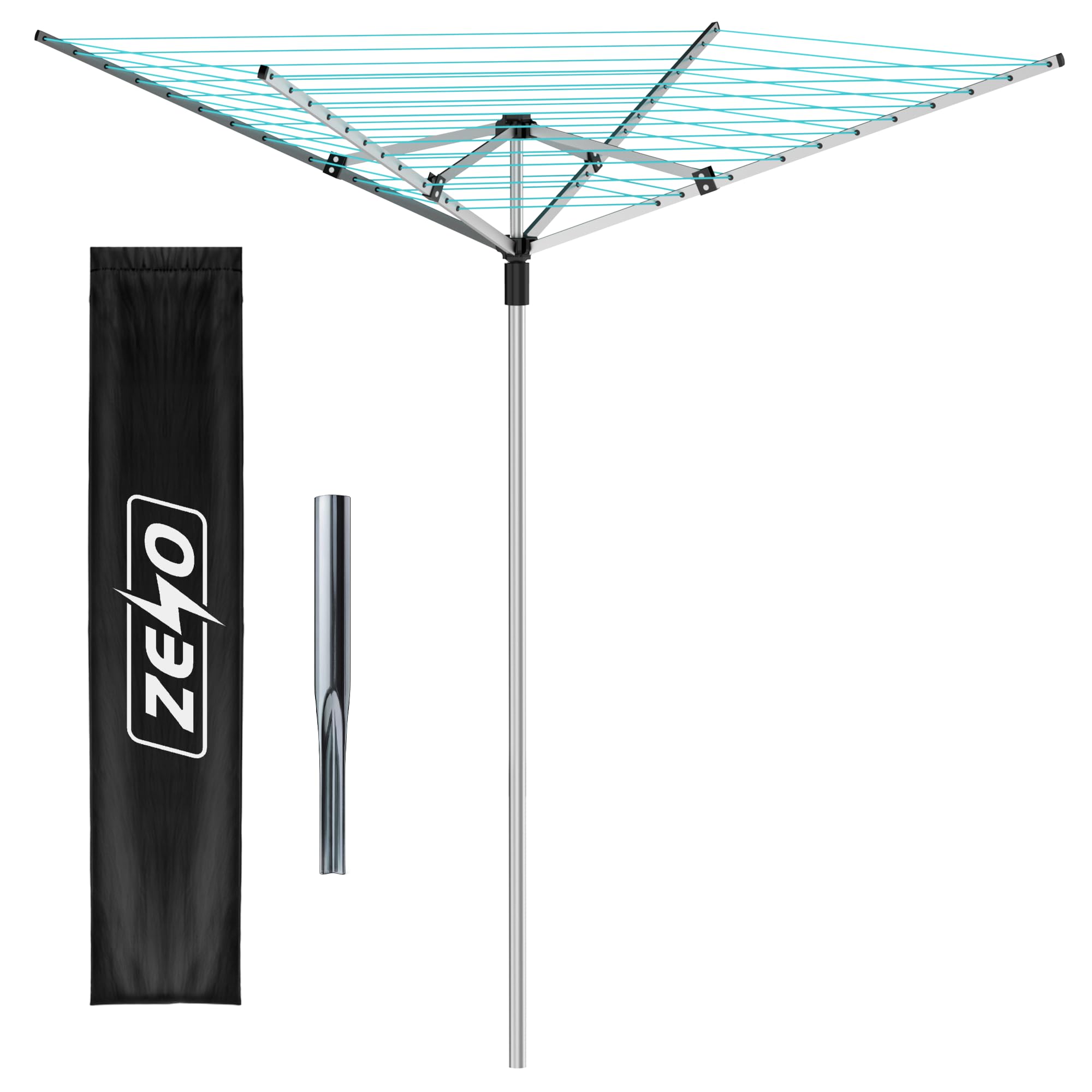 ZENO Outdoor Rotary Washing Line 45m | Easy Assembly 4 Arm Rotary Washing Line Airer | Heavy Duty, Weather Proof, Powder Coated Finish Outdoor Clothes Dryer with Cover & Ground Spike | Silver