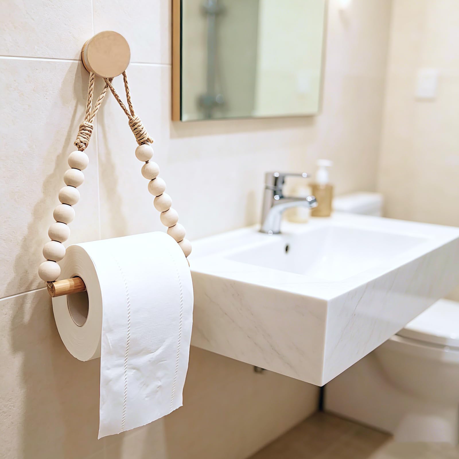 Bathroom Toilet Paper Holder Wooden Bead Toilet Roll Holder Hanging Toilet Paper String Holder (Wood Color) — Amazon image 6