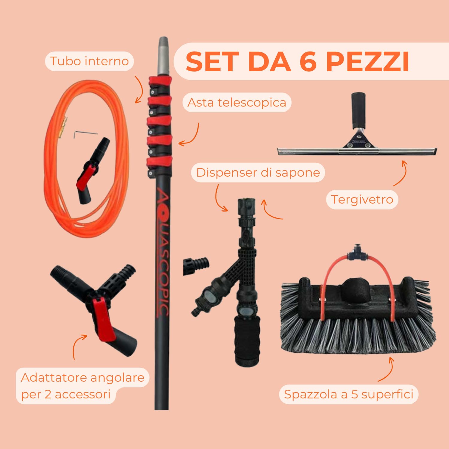aquascopic Asta telescopica 2 in 1 con spazzola a 5 superfici e lavavetri, lavavetri, regolabile in lunghezza, 7,2 m, pulitore per finestre per pannelli solari, tubo interno dell'acqua