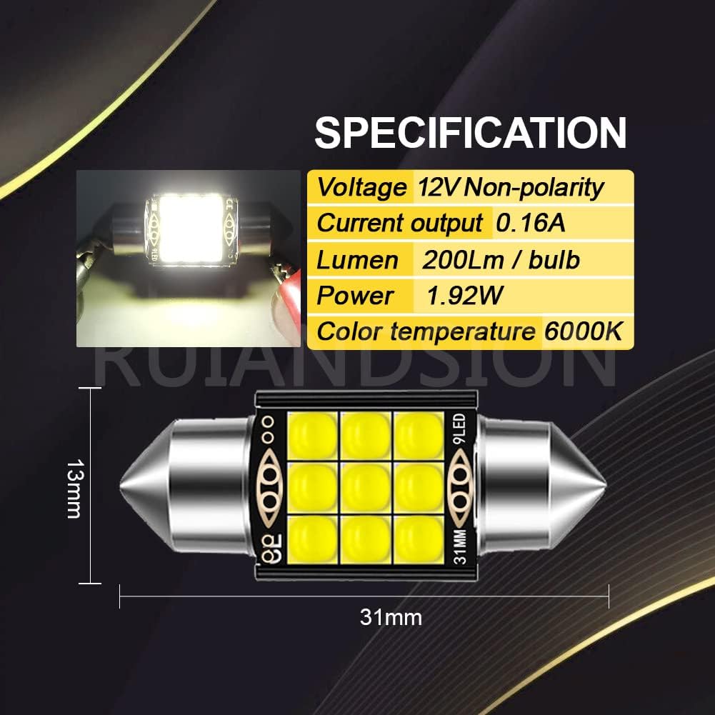 Ruiandsion 31mm LED Dome Light Bulb White 6000K 12V 3030 9SMD Chips DE3175 DE3021 DE3022, DE3023 LED Festoon Light Bulb Car Interior Map License Plate Courtesy Step Lights(Pack of 2)