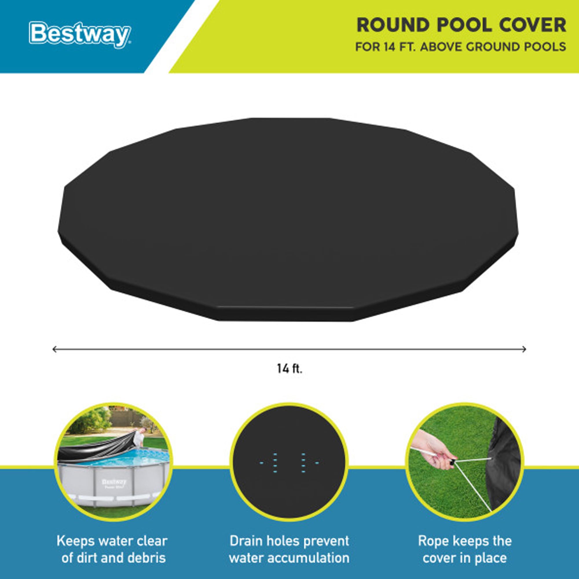 Bestway Flowclear PVC-Poolabdeckung rund 4,6 m für oberirdische Rahmenpools mit Abflusslöchern und sicheren Spannseilen, Schwarz (nur Abdeckung)