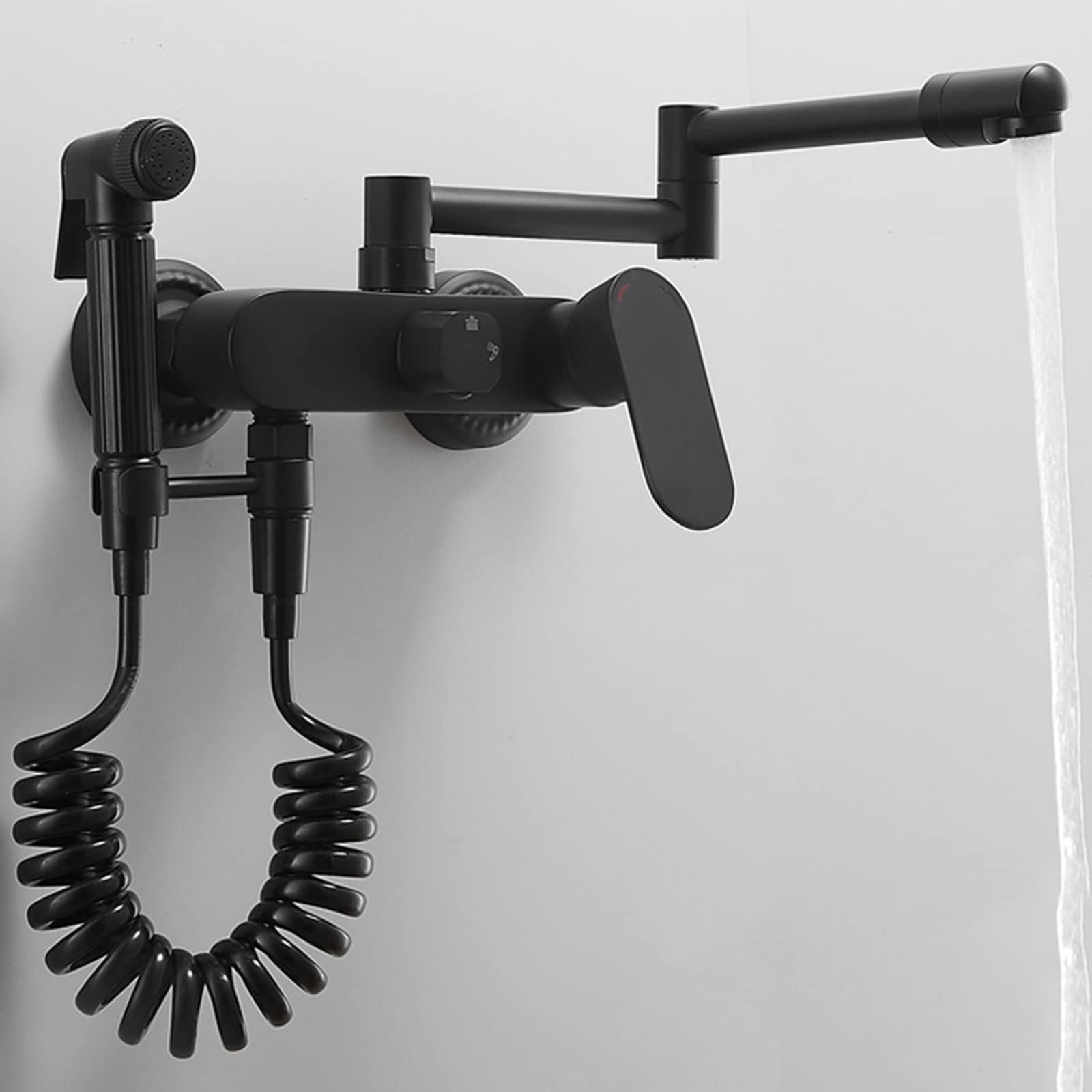 ASerZenith Kitchen Tap Wall Mount, Kitchen Sink Taps Brass Folding Swivel Telescoping Hot And Cold Multifunction Spray Gun Sink Faucet Black