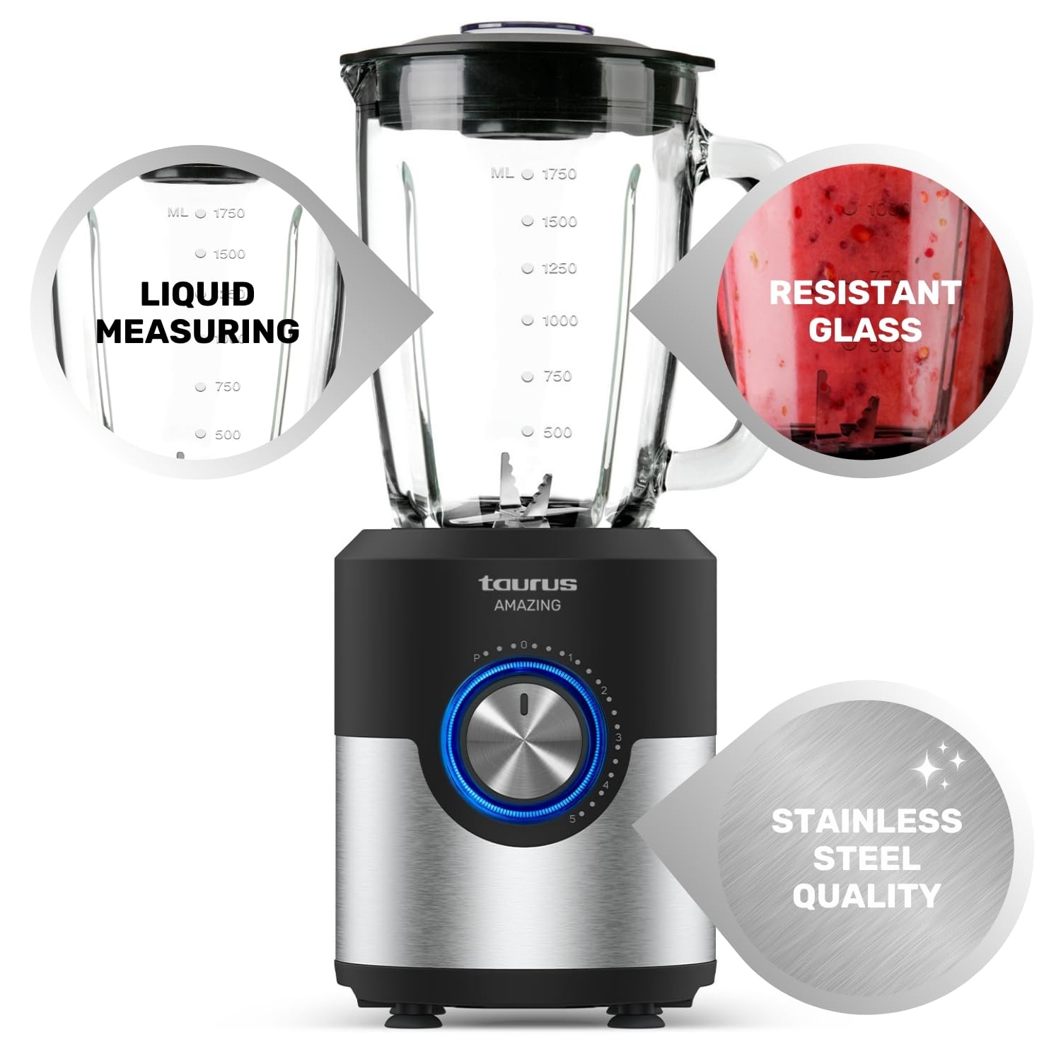 Taurus Amazing - Batidora de vaso JB1200XC, 1200W, Jarra de cristal de 175L, 5 velocidades + Turbo, Profesional con cuchillas de 6 hojas, Pica hielos, Acero Inoxidable, Apto lavavajillas
