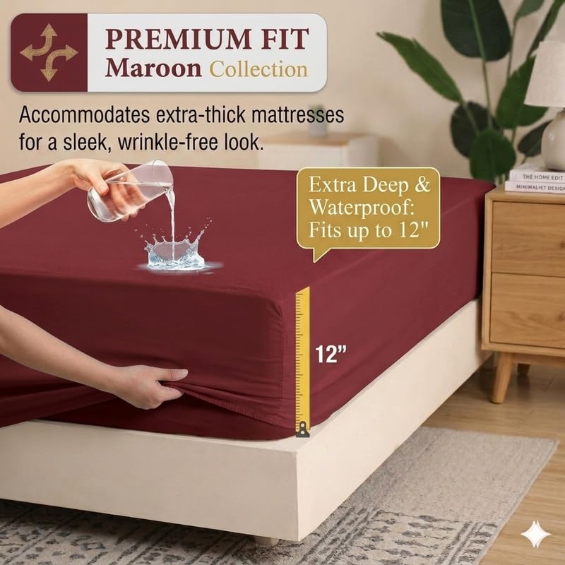 Image of Premium Waterproof Mattress Protector Cover Single Bed | Breathable Terry Cotton Bed Protector, Single Bed (72 X 36, 6 X 3 Feet - 2 to 10 inch - Maroon)