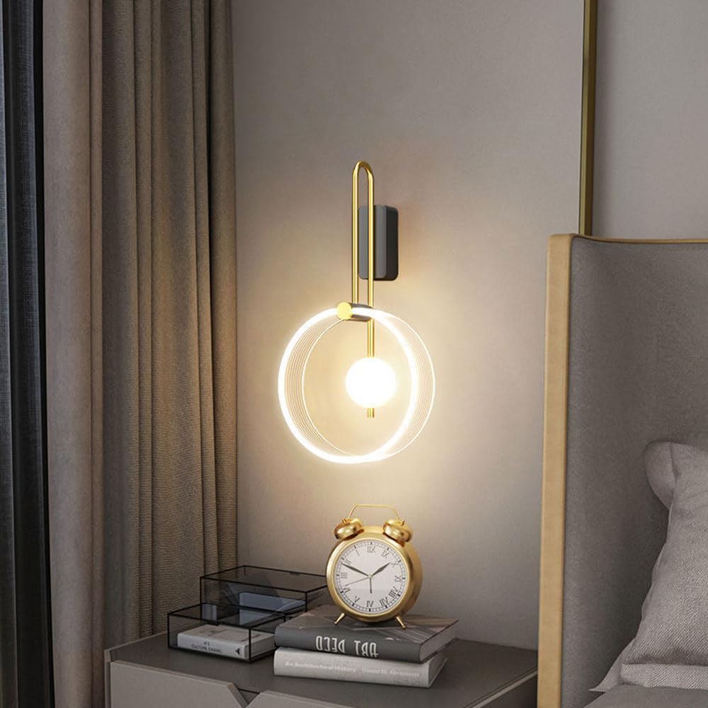 Applique da Parete Moderna e Semplice, Anello LED per Comodino, Lampada da Interno Oro+Nero, Lampada Lunga con Paralume in Gel di silice, Applique in Alluminio in Stile postmoderno