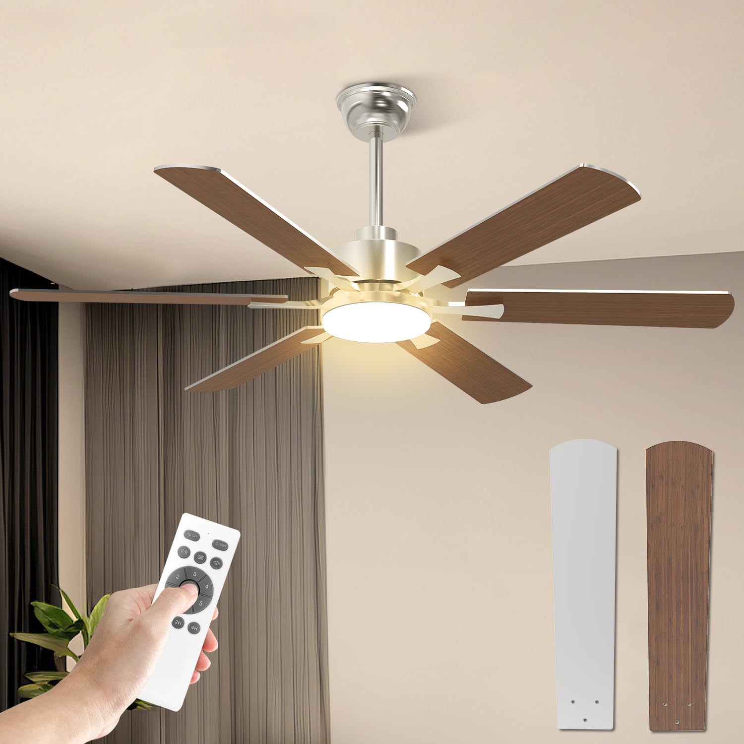 Ventilatore da Soffitto con Luce, 132cm Grande Ventilatore Soffitto con Luce e Telecomando, LED Lampadario Ventilatore con Silenzioso Reversibile DC Motore per Camera da Letto, Soggiorno