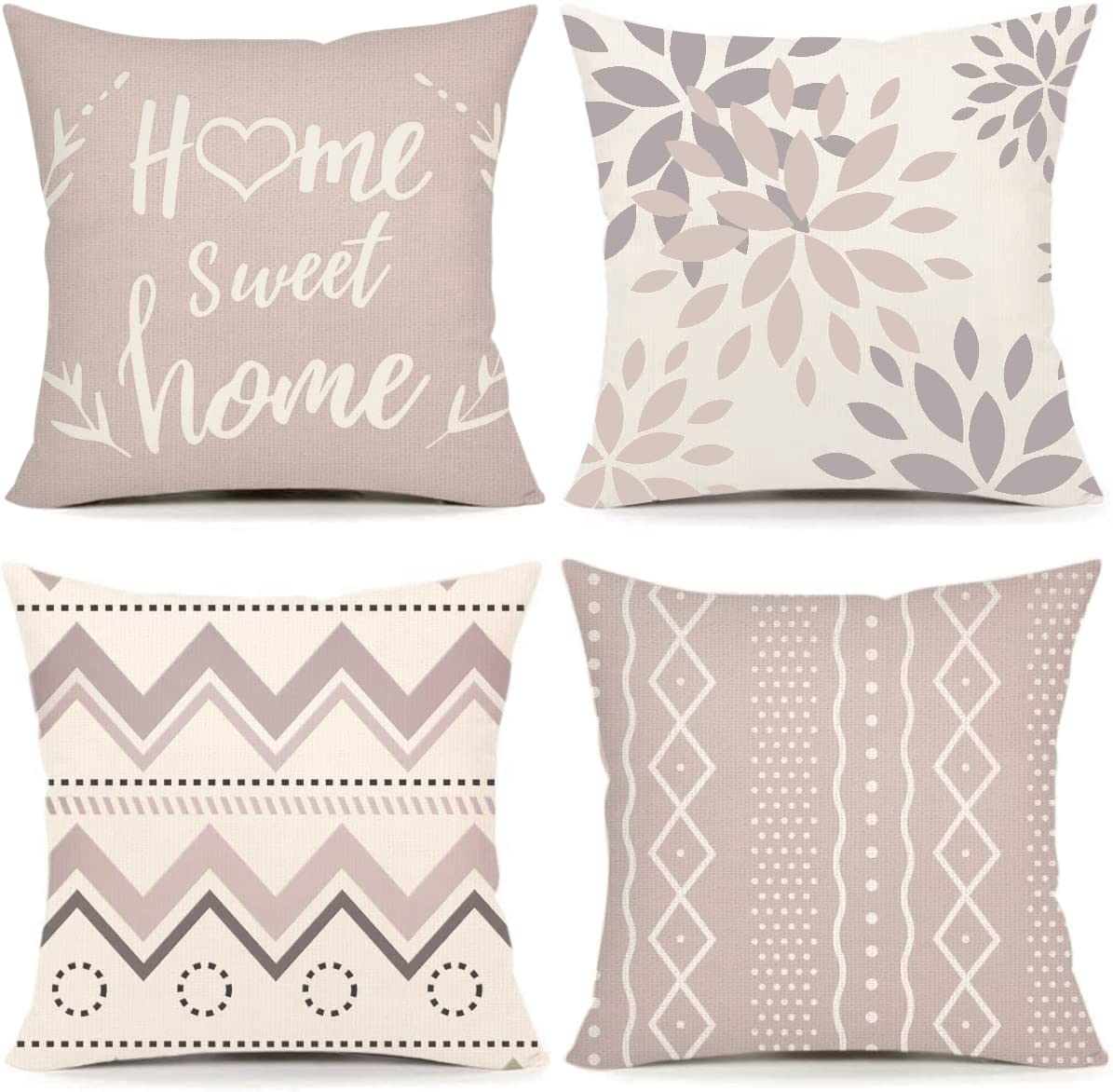 Grey Geometric Pillow Covers 18x18 Set of 4, Linen Fabric Pillow Case Farmhouse Cushion Case, Decorative Sofa Couch Throw Pillow Cover for Bedroom Indoor Outdoor Home