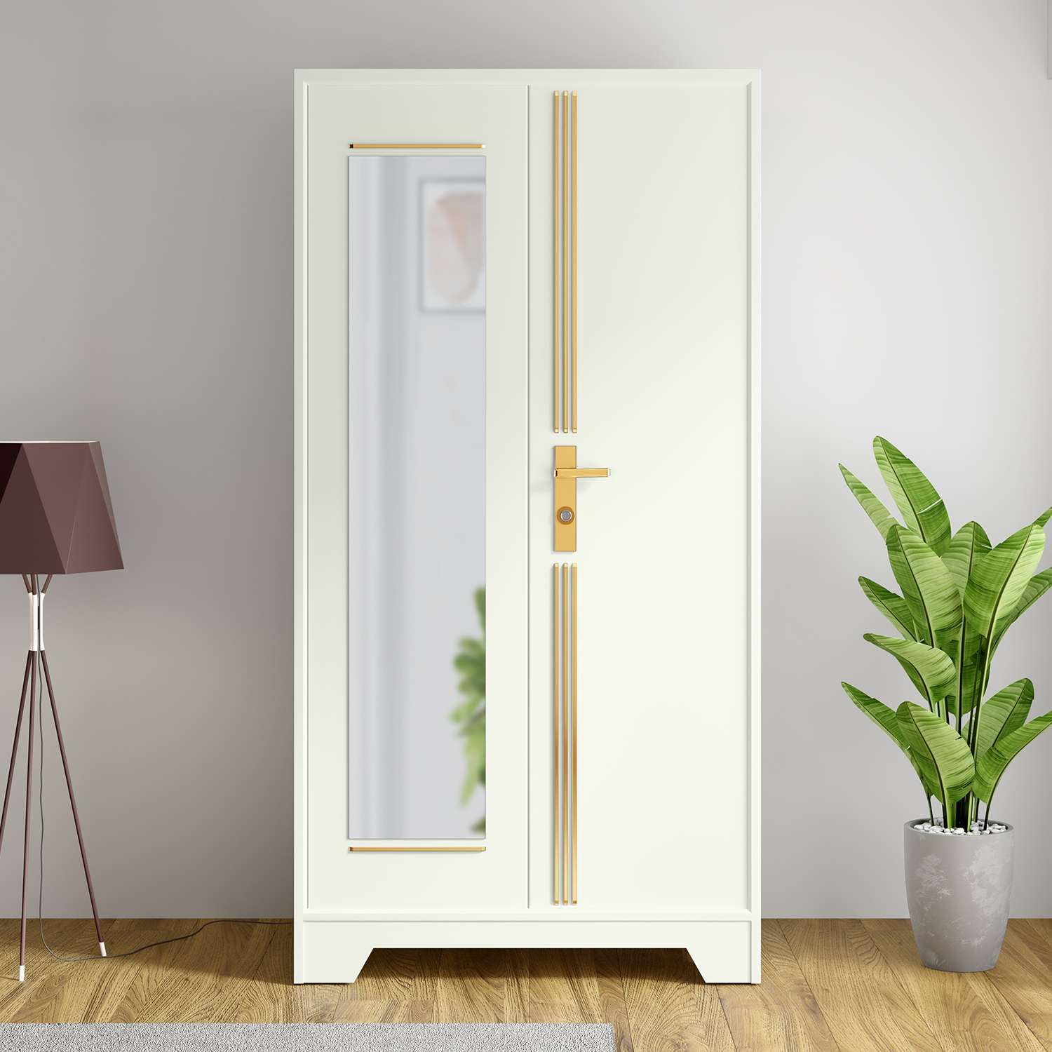 GODREJ INTERIO Almirah Centurion Plus 2-Door Steel Almirah, Cupboard for Clothes with Mirror (Bond White), 1-Year Warranty, 2 Motion Sensor Lights, 1 Locker, 3 Shelves, 2 Drawers