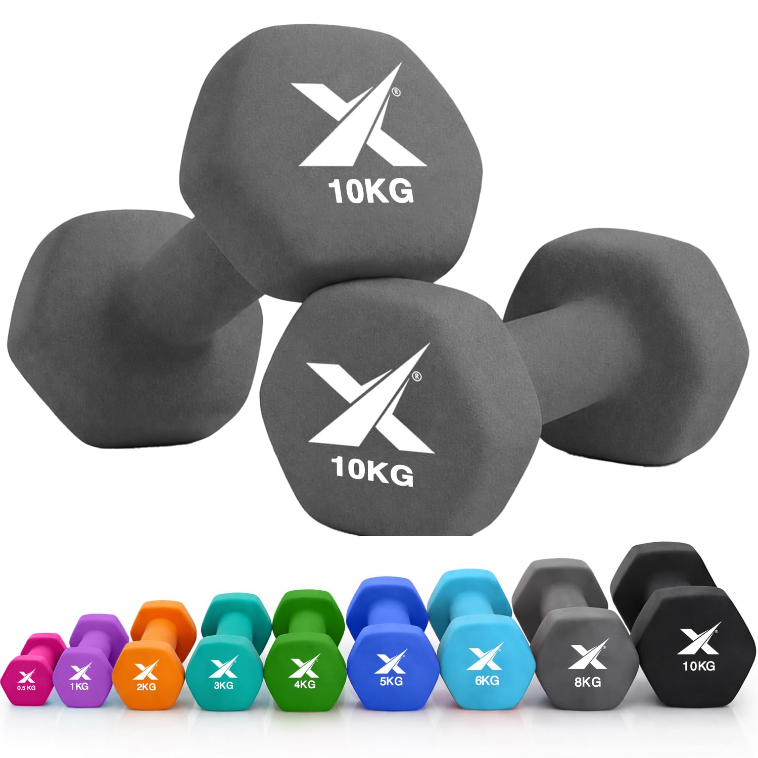 XN8 Neoprene Dumbbell Set, Non-Slip Dumbbells Pair of 0.5kg–10kg Hand Weights, Home Gym Strength Training Weights for Men & Women, Aerobics, Pilates, Body Toning, Arm, Biceps & Fitness Exercises