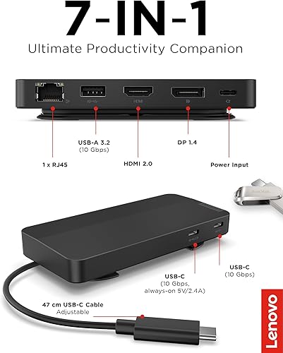Vista 7 de Lenovo Base de viaje USB-C de doble pantalla, 7 puertos, cable USB-C integrado, compatibilidad universal, pantallas duales en 4K, color negro