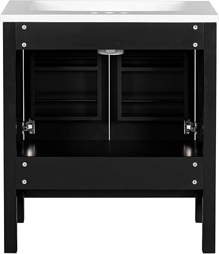 Miniatura 8 de LUMISOL Tocador de baño retro de 30 pulgadas con fregadero, armario de almacenamiento de baño de madera maciza con 2 puertas de cierre suave y un