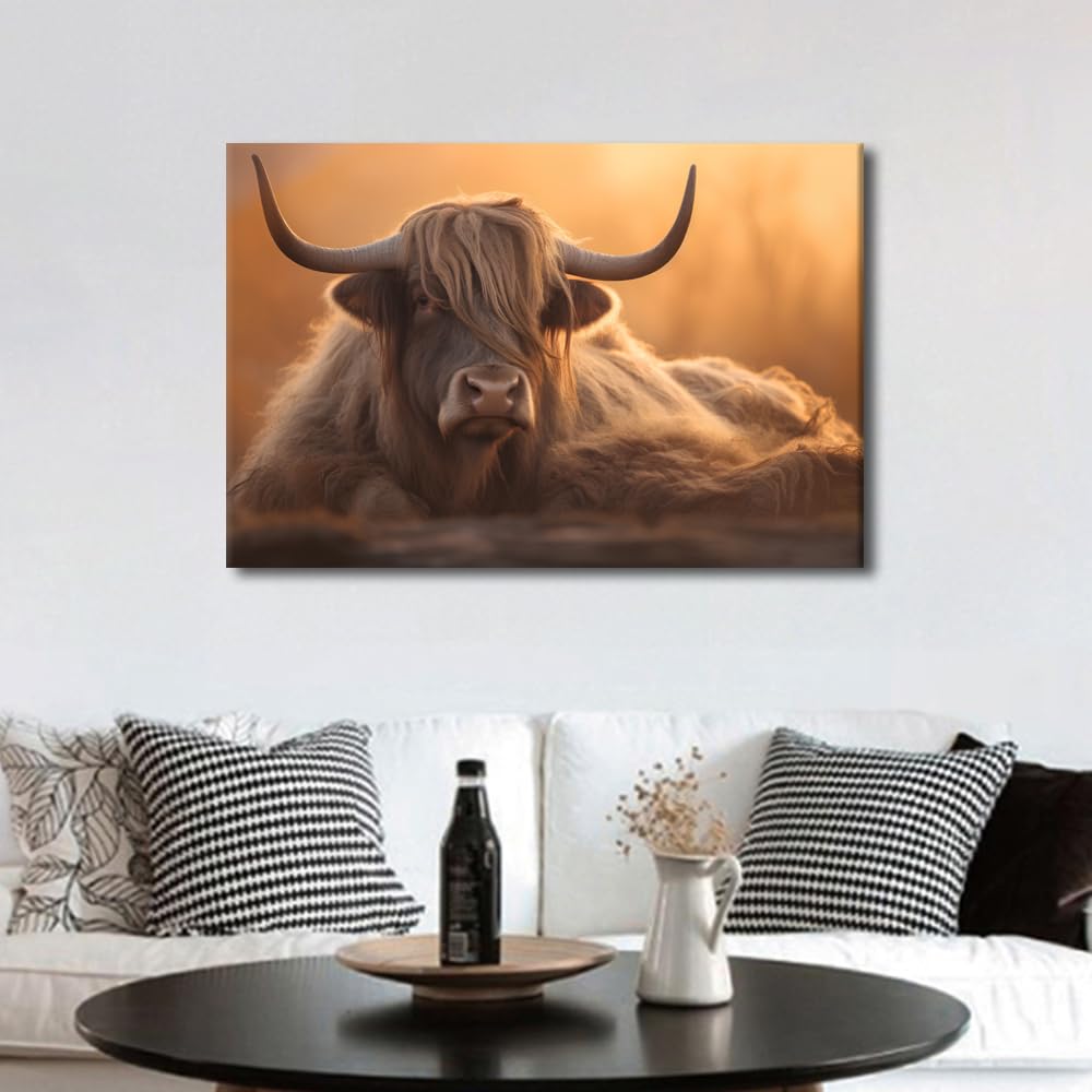 TISHIRON Portrait of a Brown Yak (Bubo Taurus) at Sunset Picture Animal Portrait Painting Prints Rustic Yak Artwork Farmhouse Home Living Room Bedroom Decoration Ready to Hang 1 Panels (16" Wx24 H) - Image 4
