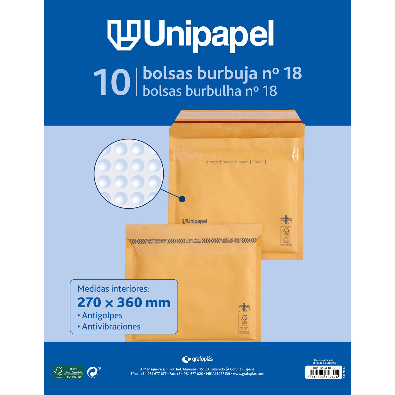 Unipapel | Sobres Acolchados Kraft con Papel de Burbujas Interior | Nº 18 Medidas 270x360mm | Cierre Autoadhesivo | Pack 10 Unidades | Perfecto Para Envios Seguros y Protegidos | Certificado FSC
