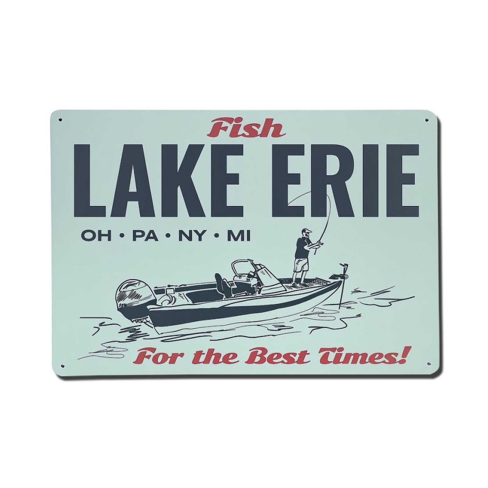 Nestemfo Vintage Fish Lake Erie Boat Fishing Tin Sign Metal Sign, Living Room,Bar, Home, Bedroom Wall Decor,Retro Metal Poster 8X12 Inches