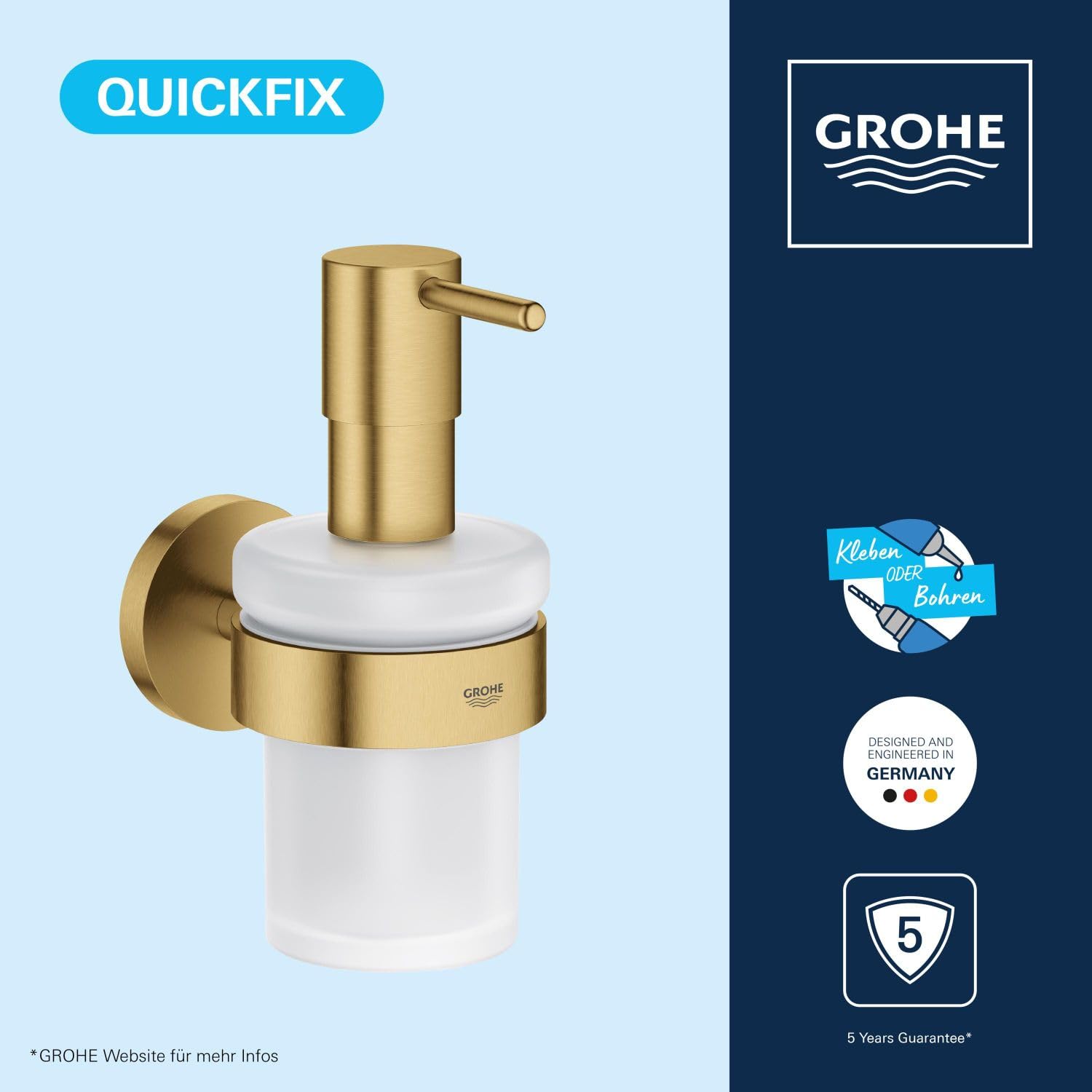 GROHE Start, klebbarer Seifenspender für das Bad, ohne Bohren (Füllmenge: 160ml, mit Halter, verdeckte Befestigung, inkl. Schrauben und Dübel, Kleber separat kaufen) cool Sunrise, Gold, 41195GN0