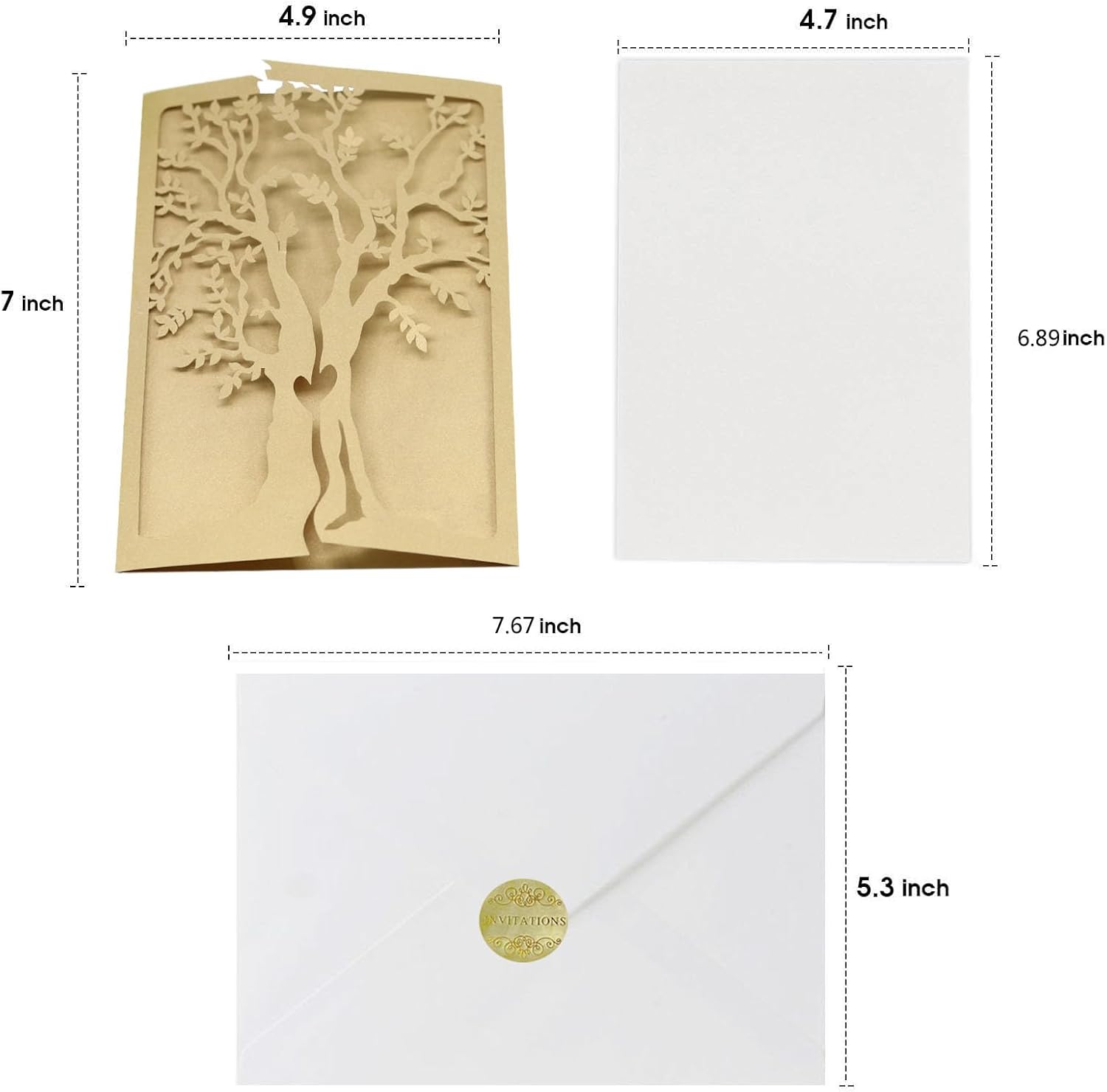 50Pcs Heart Tree Wedding Invitations Jacket, Vintage Invitations Cards, Metallic Paper Laser Cut Invitation (Gold)