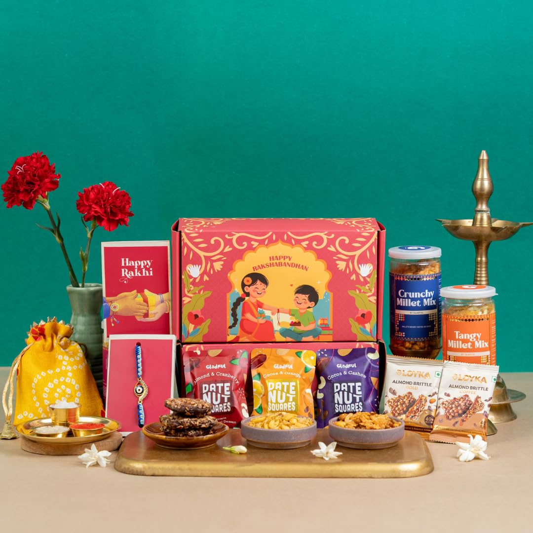 Gladful 11-in-1 Rakhi Gift Hamper Pyaar Ka Pitaara – Millet Mixes, Loyka Almond Brittle, Date Nut Squares, Rakhi, Potli, Roli Chawal & Card