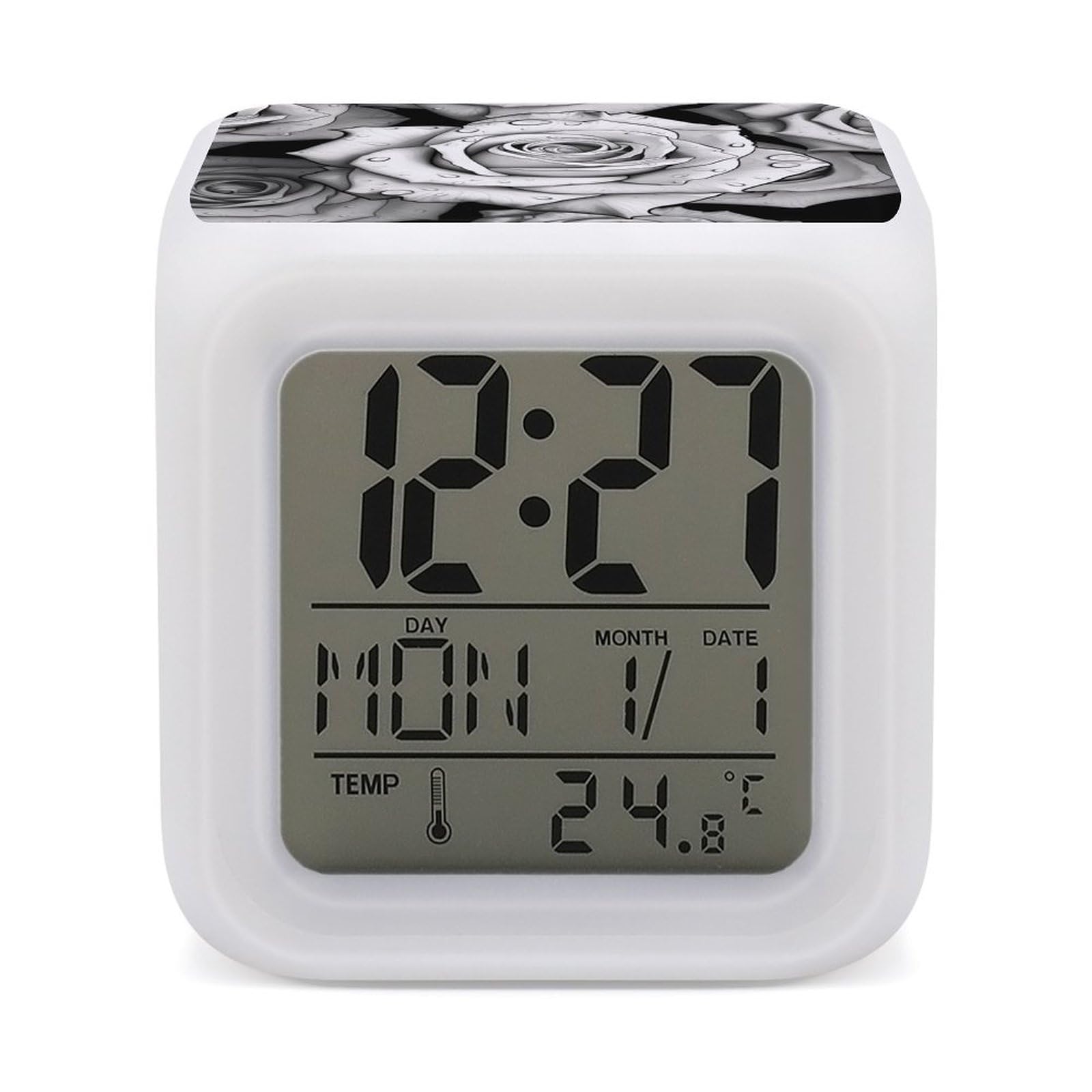 Reloj despertador con diseño de rosas, luz nocturna moderna de 7 colores y reloj digital