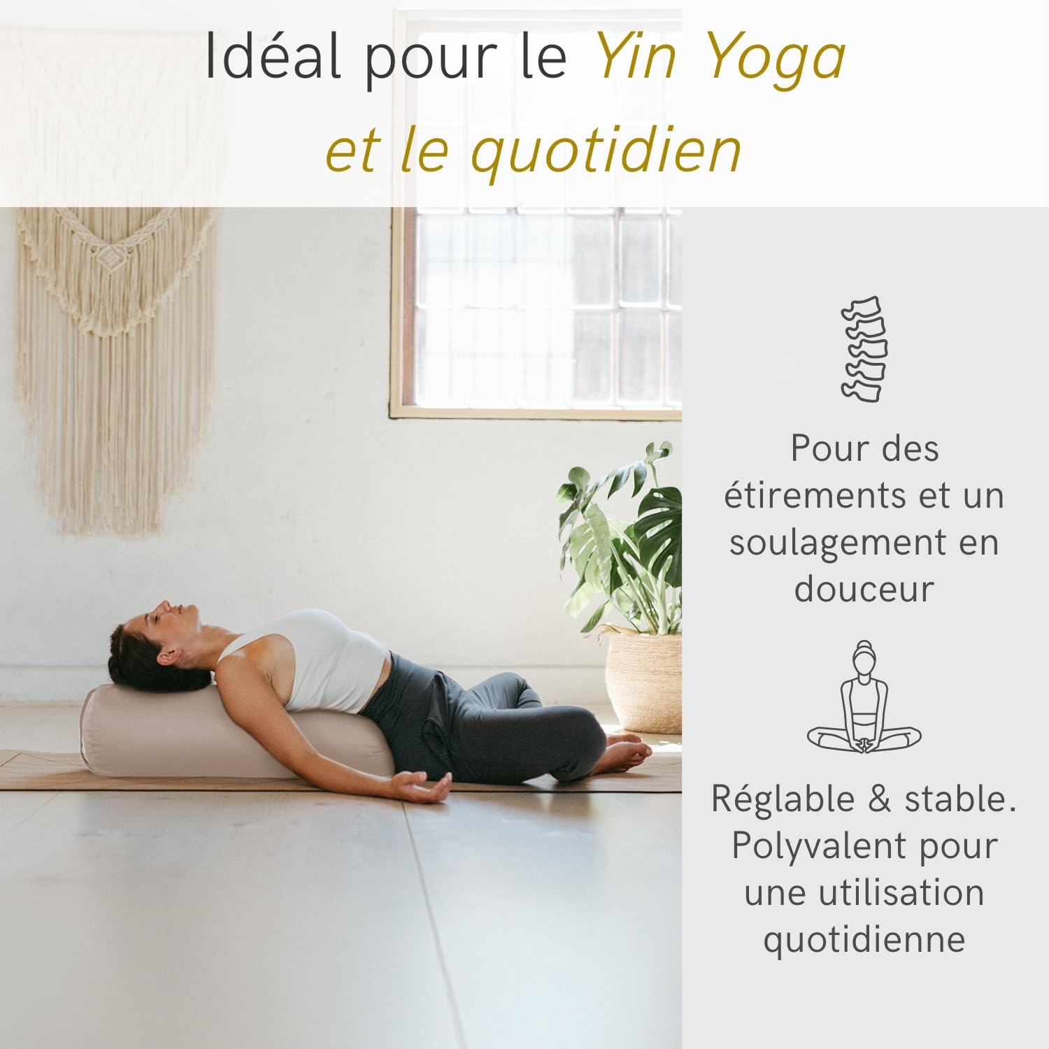LOTUSCRAFTS Rouleau de yoga pour Yin Yoga, certifié GOTS, rouleau de avec rembourrage en épeautre, housse en coton lavable, bolster, coussin yoga, pilates