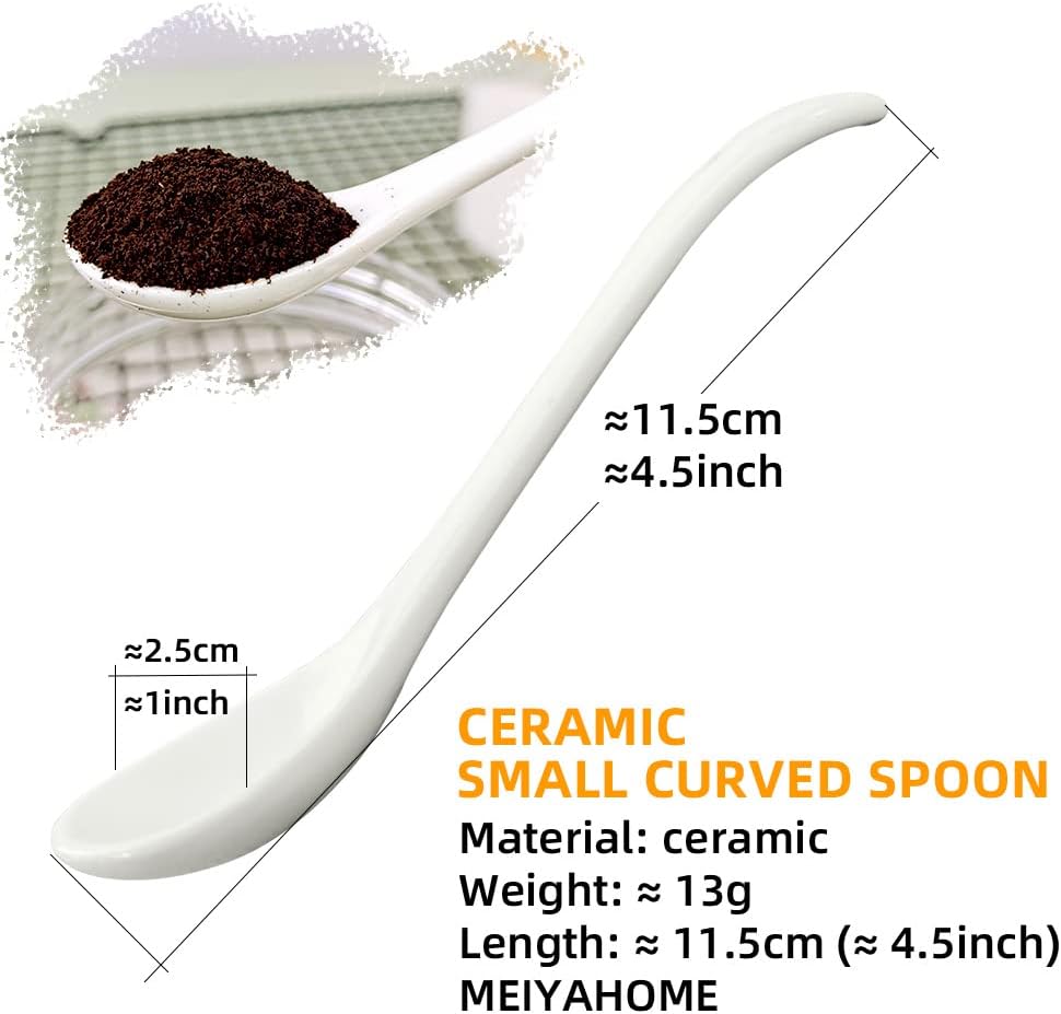 MEIYAHOME 4.5inch 11.5cm Ceramic small curved spoon 8pcs White mixing spoon,Espresso Spoon Set for Coffee, Afternoon Tea, Yogurt, Ice Cream and Desserts, Dessert Spoons Dishwasher Safe