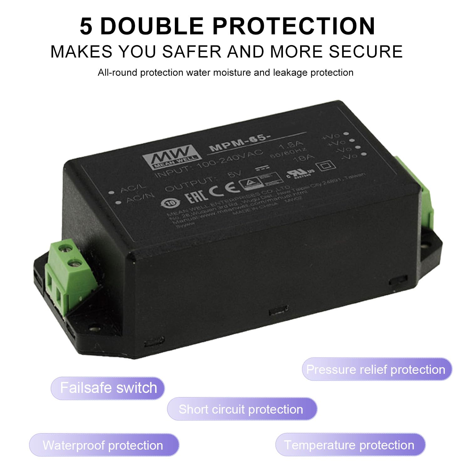 MPM-65-12ST 65W 12V 5.42A AC-DC Alimentatore Ecologico ad Alta Efficienza Certificazione TUV e UL Ideale per Elettronica Sensibile