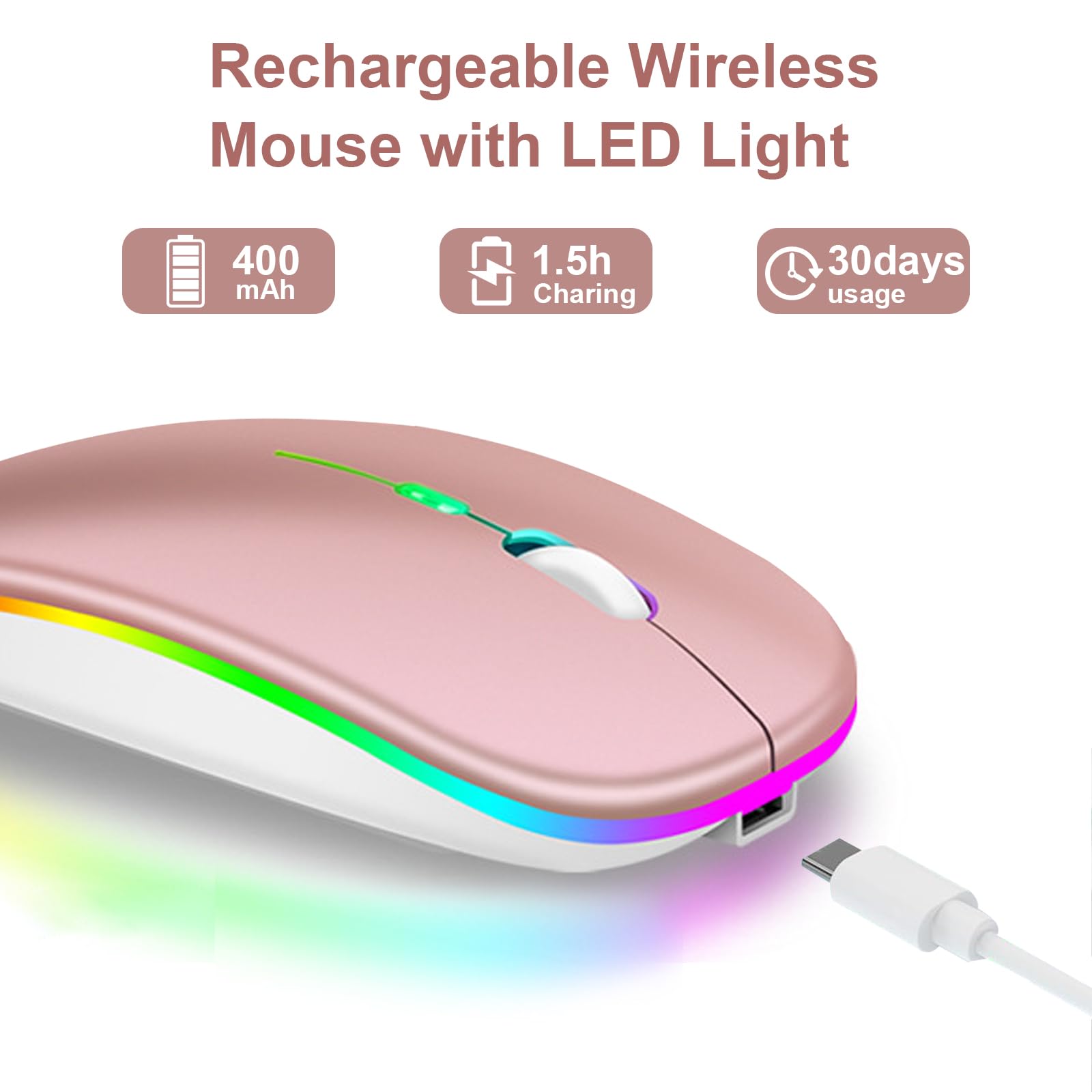 Mouse wireless ricaricabile, mouse wireless a LED Bluetooth per iPad, mouse portatile sottile con ricevitore USB, doppia connessione BT5.4 e 2.4G, silenzioso per laptop/notebook/pc/iPad/Chromebook