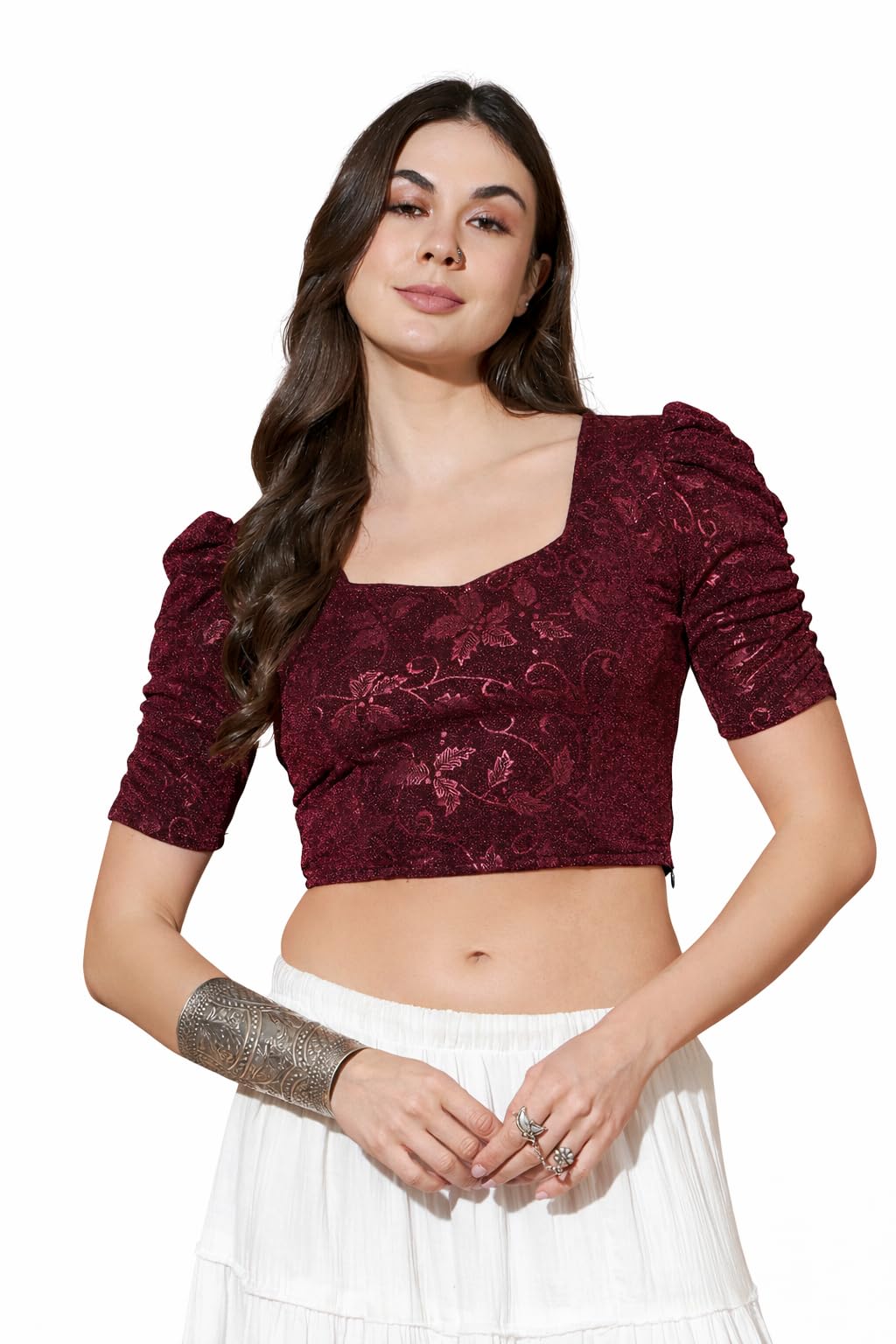 vaararo Designer Party Blouse for Women | Embossed Metallic Lycra Readymade Choli Tops with Stylish Puff Ruched Sleeves-picture-35