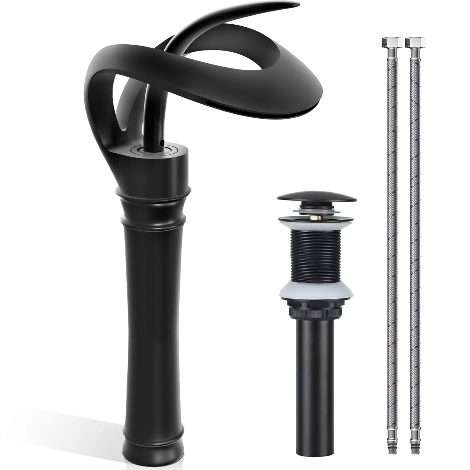 AUU Matte Black Vessel Sink Faucet, Modern Single Handle Bathroom Faucet Tall Bowl Basin Faucet Single Hole with Pop up Drain Assembly Supply Line