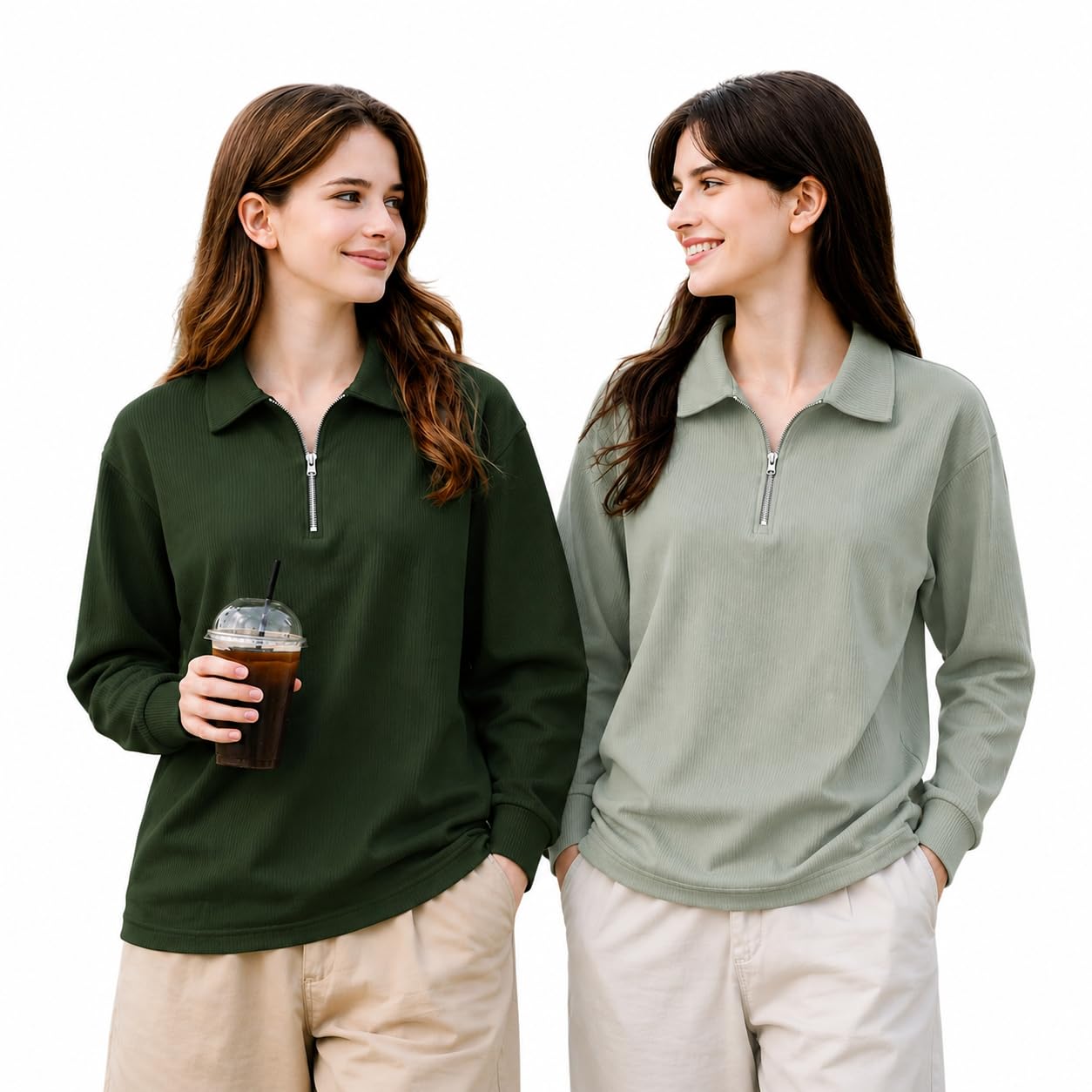 mack jonney Women's Regular Fit Ribbed Half Zip Polo T-Shirt | Cotton Blend | Full Sleeve Casual Collar Neck Top (Pack of 2)-MJ-472-picture-26