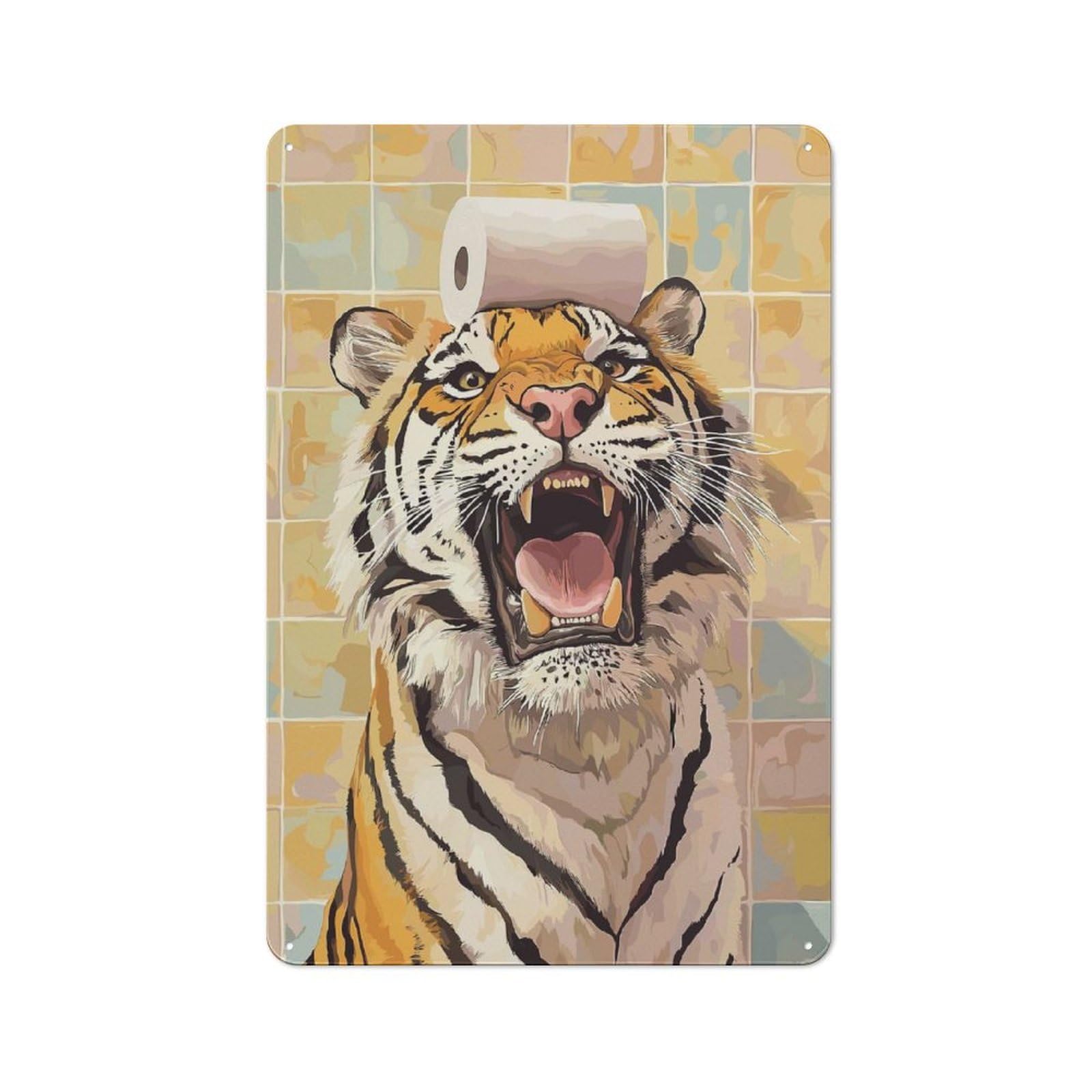 Junmoney Tiger With Toilet Paper On Head Retro Decorative Tin Plaque 30X20cm Featuring Novelty Wall Art For Bedroom, Kitchen, Office Or Living Room