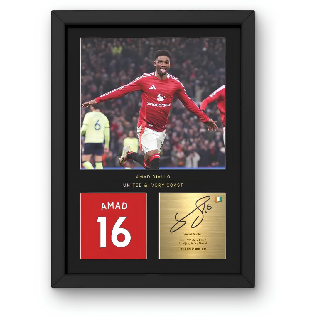 Win FC Amad Diallo A4 Framed Photo Display - Reproduced Digital Signature - Gift For United Fans