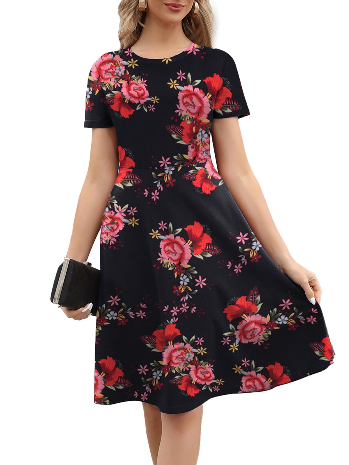 Women's 2026 Fit and Flare Dress Summer Casual Elegant Vintage Floral Printed Work Party A-line Dress with Pockets 162