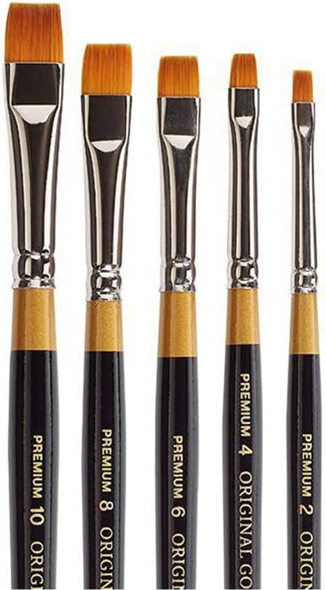 KINGART Premium 5 pc. Original Gold 9450 Series Chisel Blender - Bright Artist Brush Set, Synthetic Golden Taklon for Acrylic, Oil, and Gouache Painting, Short Handle, 5 Sizes - 2, 4, 6, 8, 10