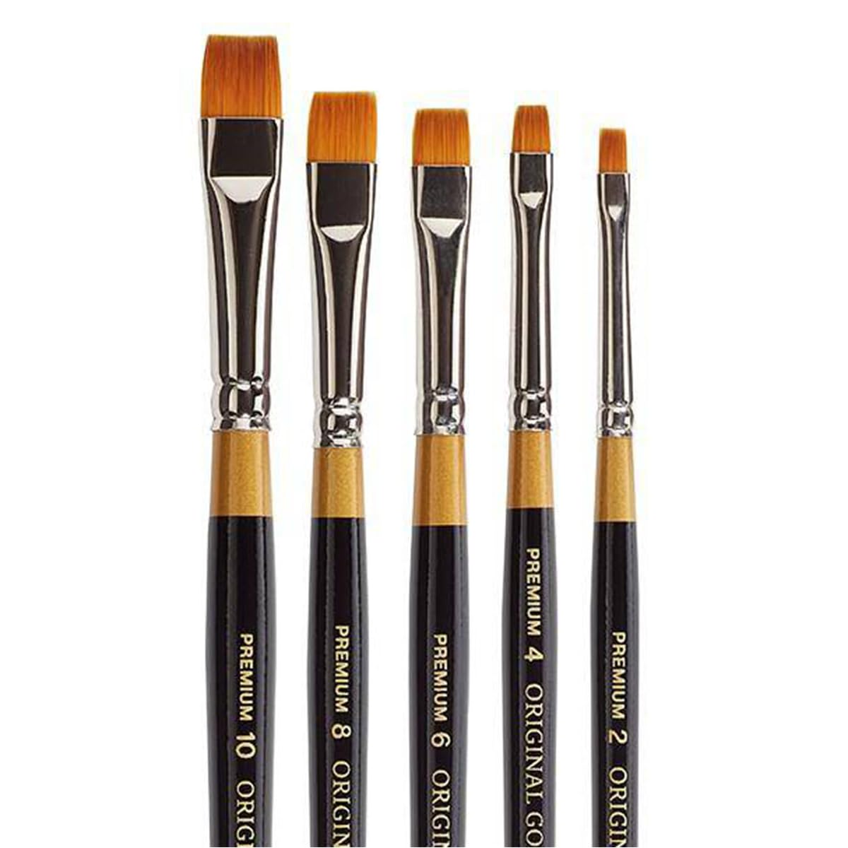 KINGART Lot de 5 pinceaux de qualité supérieure - Série 9450 - Taklon synthétique doré pour peinture acrylique, huile et gouache - Manche court - 5 tailles : 2, 4, 6, 8, 10