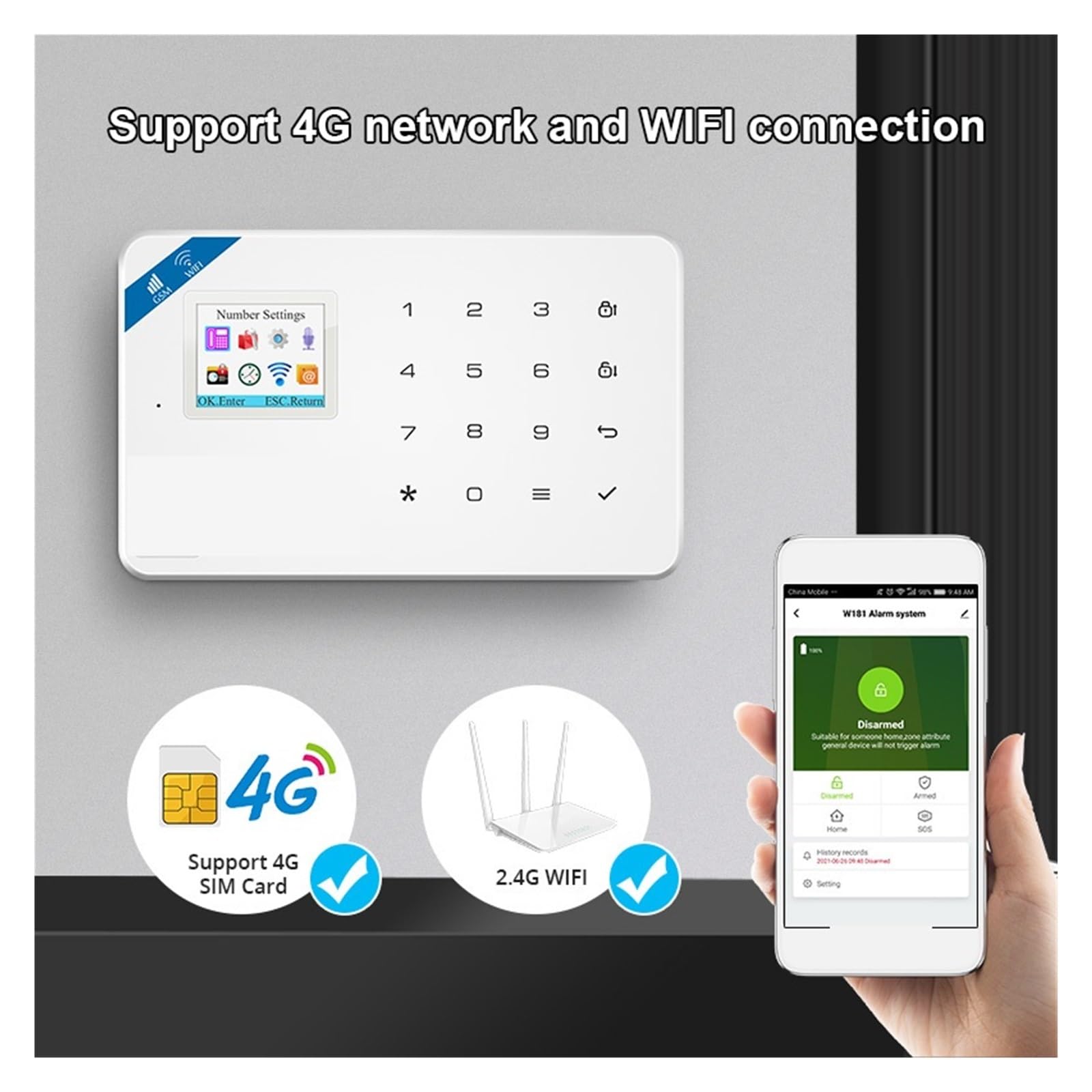 Control del APP de la ayuda ladrón detector sensor movimiento alarma WIFI/GSM casera elegante 4G para Apartamento(KIT1)