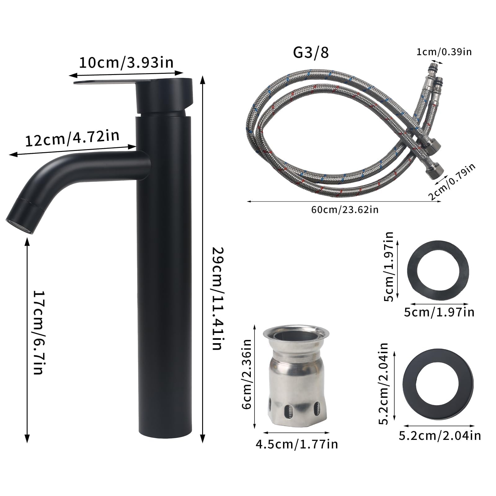 Grifo de Lavabo Alto Negro de Acero Inoxidable Cromo Monomando Baño Control de Agua Fría Y Caliente