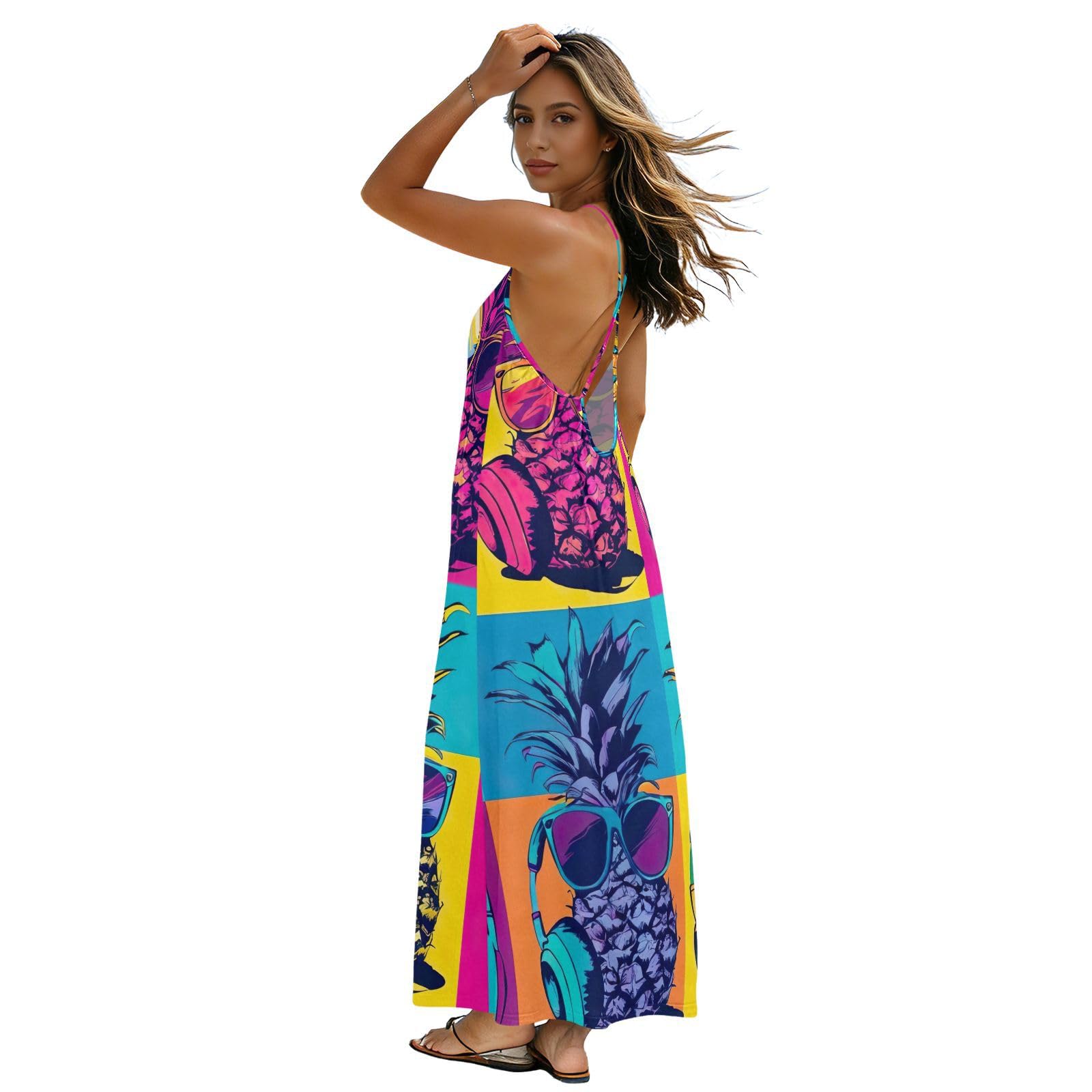 Robe longue à bretelles spaghetti dos nu motif ananas