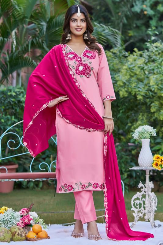 Image of Women's Baby Pink Kurti Pant Set with Dupatta | V-Neck Floral Embroidered Straight Kurta Set for Women | Festive Ethnic Suit Set For Women