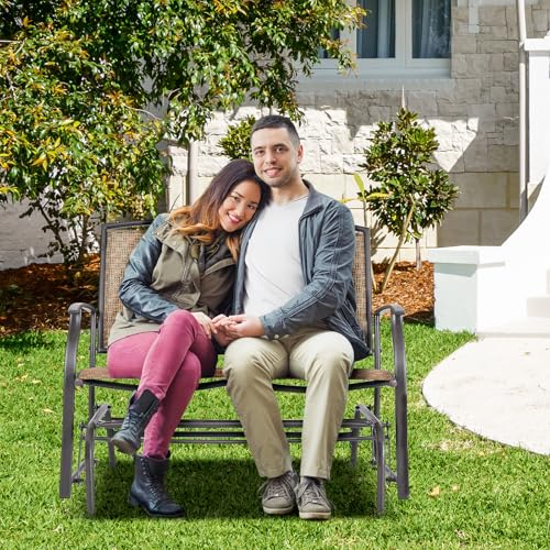 Image of Giantex Patio Glider Bench, 400 Lbs Capacity, Steel Frame, Brown, Outdoor Swing Chair, 2-Person Loveseat, Back Support, Ergonomic Design, Superior Fabric, Natural Style
