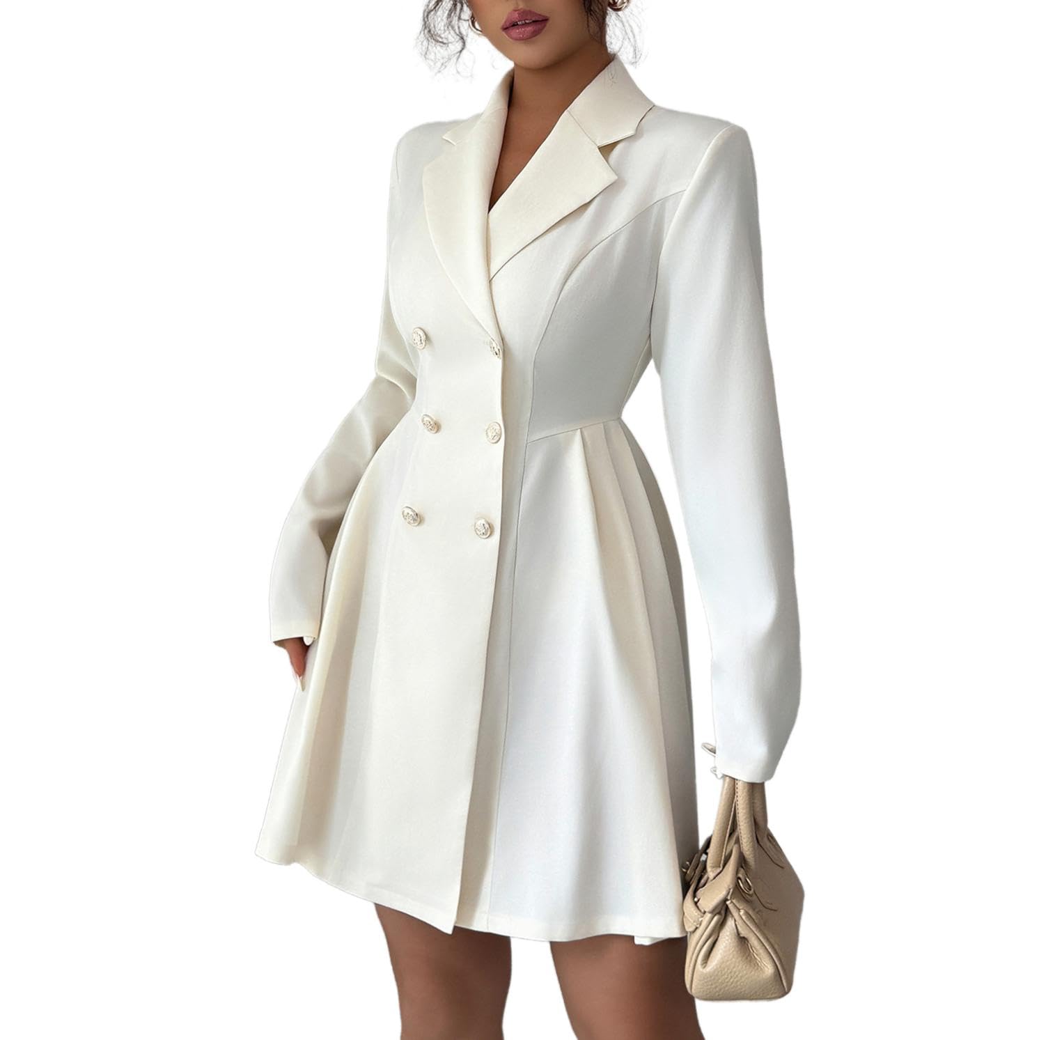 Womens Elegant V Neck Ruched Business Work Dress Long Sleeve Mini Dress Apricot
