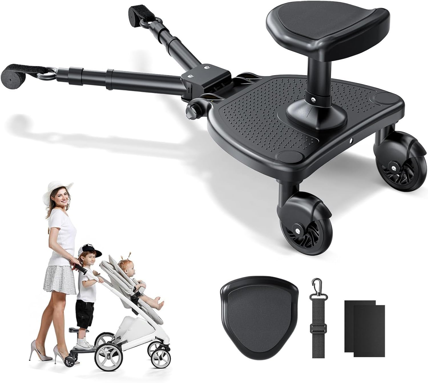 Monopatín universal con asiento grande, tablas con ruedas compatible con el 99% de cochecitos, monopatín universal, 2 en 1 caminata, cochecito para niños de 2 a 6 años (25 kg)