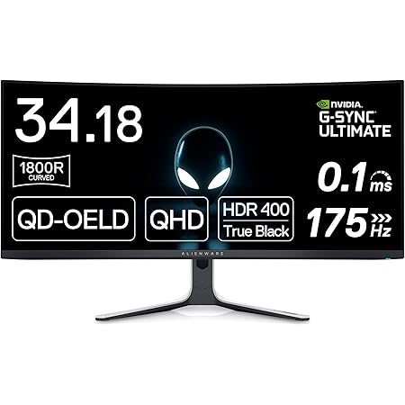 Alienware AW3423DW Curved Gaming Monitor 34.18 inch Quantom Dot-OLED 1800R Display, 3440x1440 Pixels at 175Hz, True 0.1ms Gray-to-Gray, 1M:1 Contrast Ratio, 1.07 Billions Colors - Lunar Light