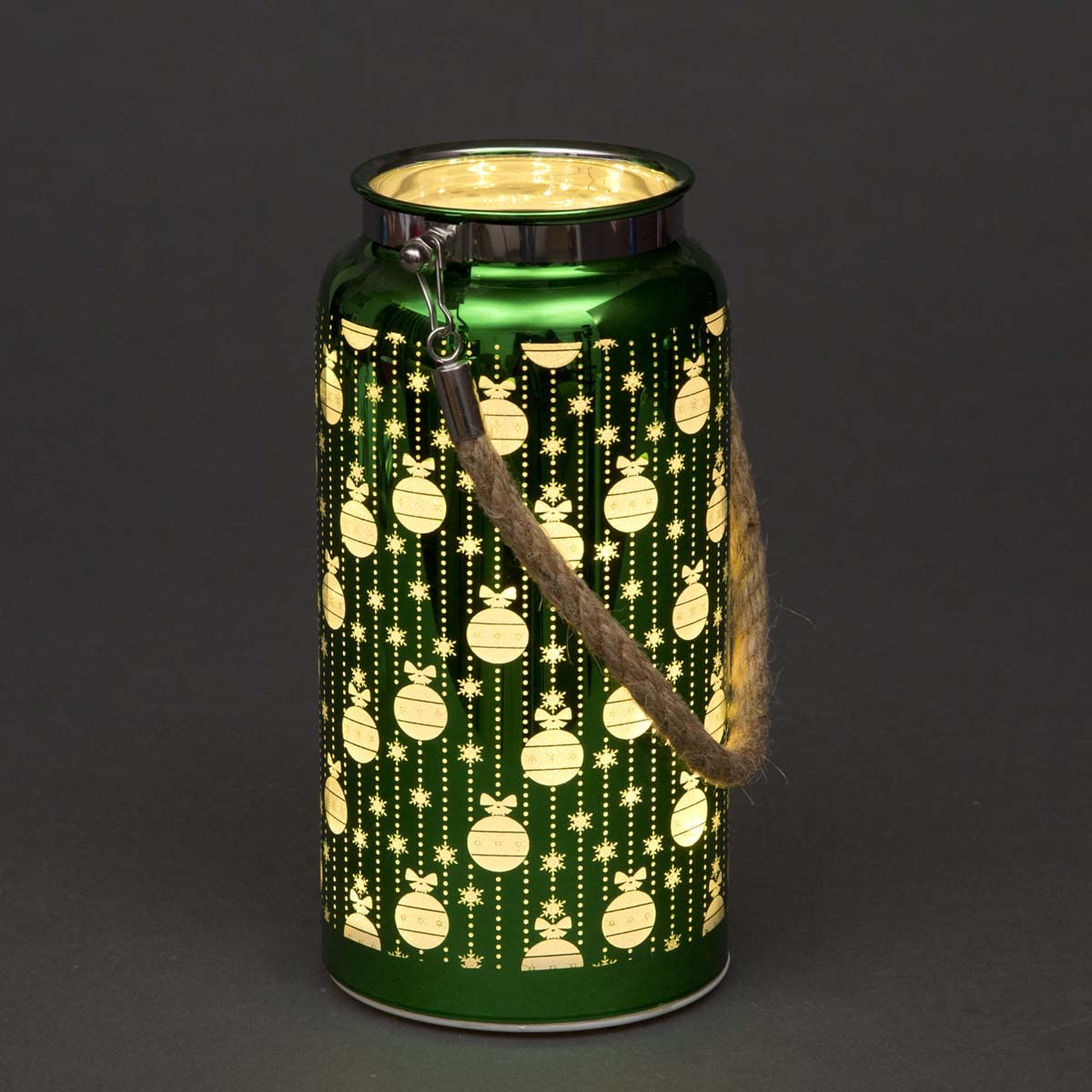 SHATCHI 20cm Christmas Decorated Jar Table Lamp Etched Glass Tube Baubles Design Green Lantern LED Fairy Lights Battery Operated