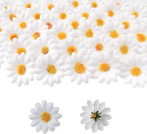 Margarita artificial, 200 cabezas de margaritas de seda de tela falsa, cabeza floral de 1.57 pulgadas para huevos de Pascua, gorro de playa,