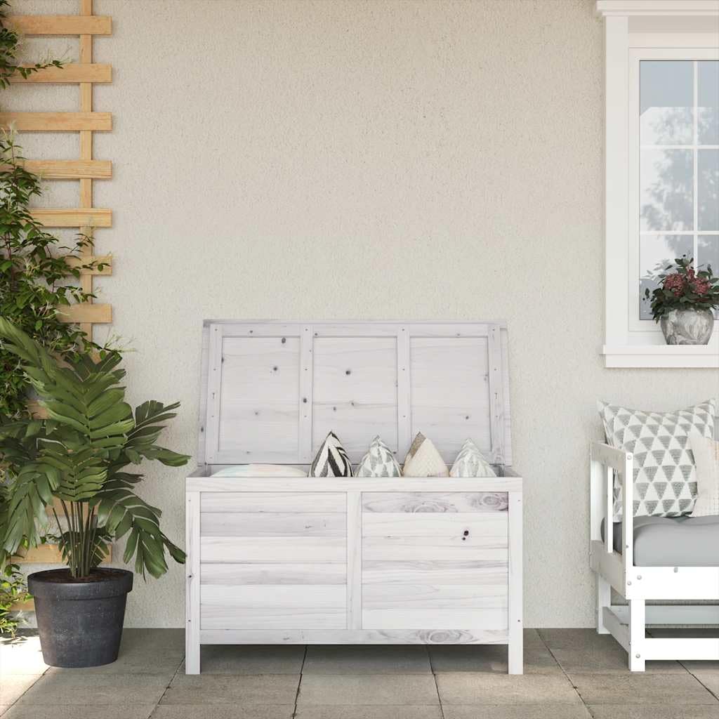 Caja de almacenamiento para jardín de madera maciza de abeto blanco, gran espacio para cojines y accesorios al aire libre, fondo de listones aireado