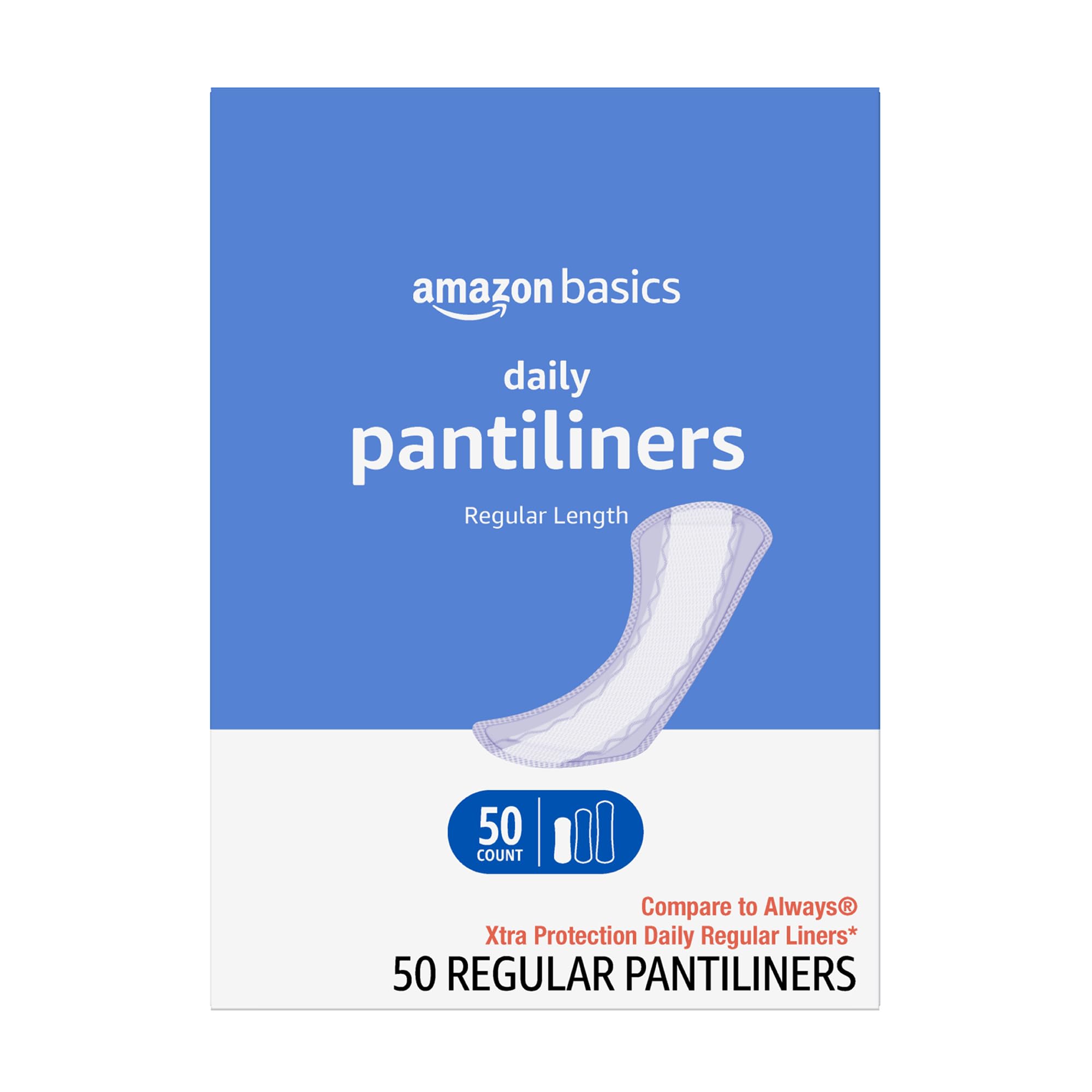 Amazon Basics Daily Pantiliner, Regular Length, Thin Absorbent Feminine Pads for Women, Unscented, 50 Count (Previously Solimo)