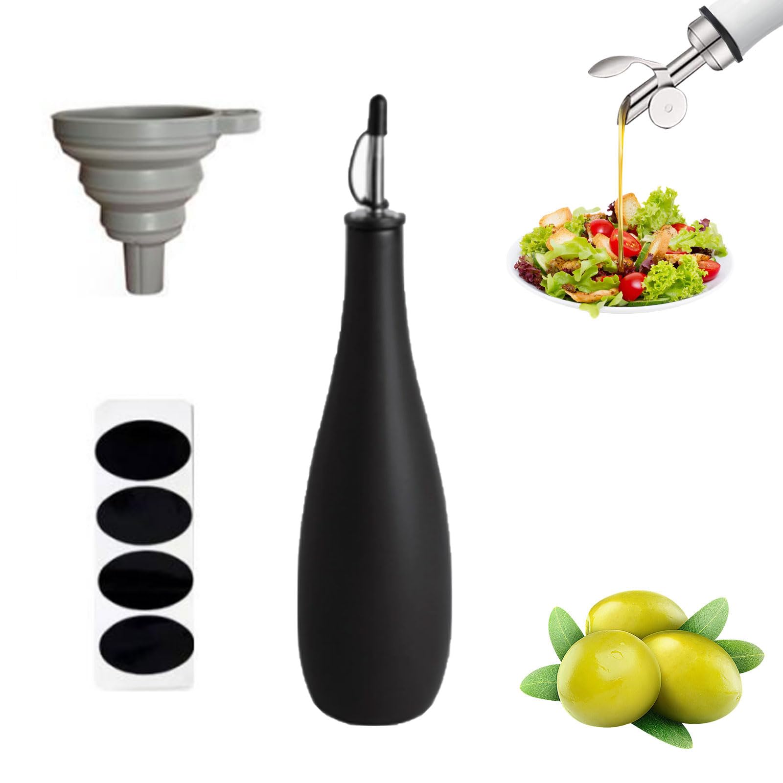 Tefola Olivenöl-Flaschenspender, Keramik, undurchsichtig, Olivenölflaschen-Nieselregen mit beschwertem Ausgießer für einfaches Nachfüllen und Reinigen für die (Schwarz 650 ml)