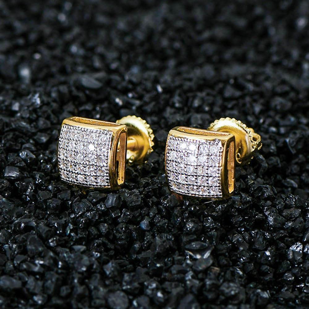 Mens Small 3D Square Iced 5A Cz Stone Two Tone 14K Yellow Gold Plated 925 Sterling Silver Screw Back Post Hypoallergenic Hip Hop Cubic Zirconia Earrings - Image 7