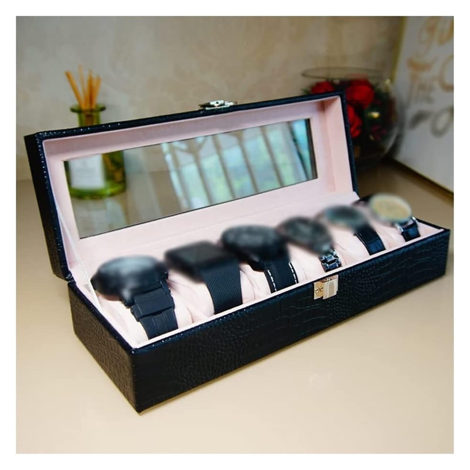 Uhrenbox, Uhrenbox, Aufbewahrungskoffer, Leder, Herrenuhr, Organizer, 6 Fächer, mit Glasdeckel, abnehmbare Kissen, Uhrengehäuse (A)