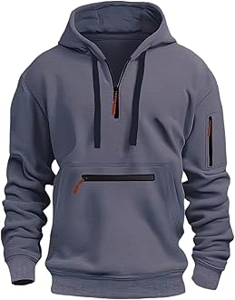 Mens 1/4 Zip Pullover Hoodie Zip Up Pocket Drawstring Tracksuit Tops Cuff Overhead Hooded Slim Fit Casual Gym Skiing Sports Warm Hoody Sweatshirts
